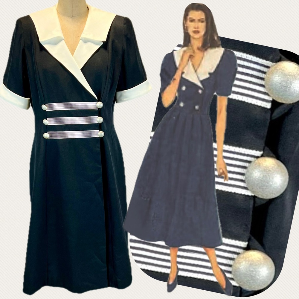 VINTAGE nautical sailor collar dress midi short sleeve button front 80s‎ office